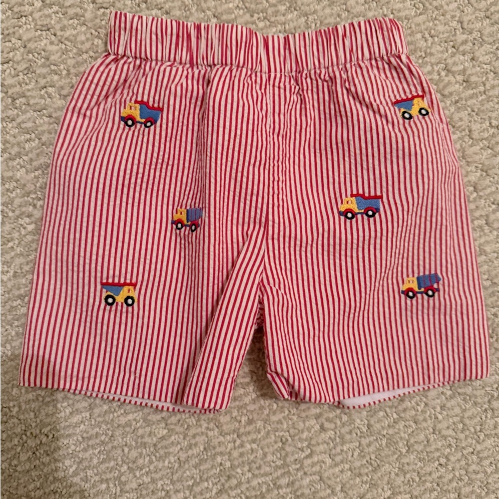Striped Red Kids Shorts with Truck Design